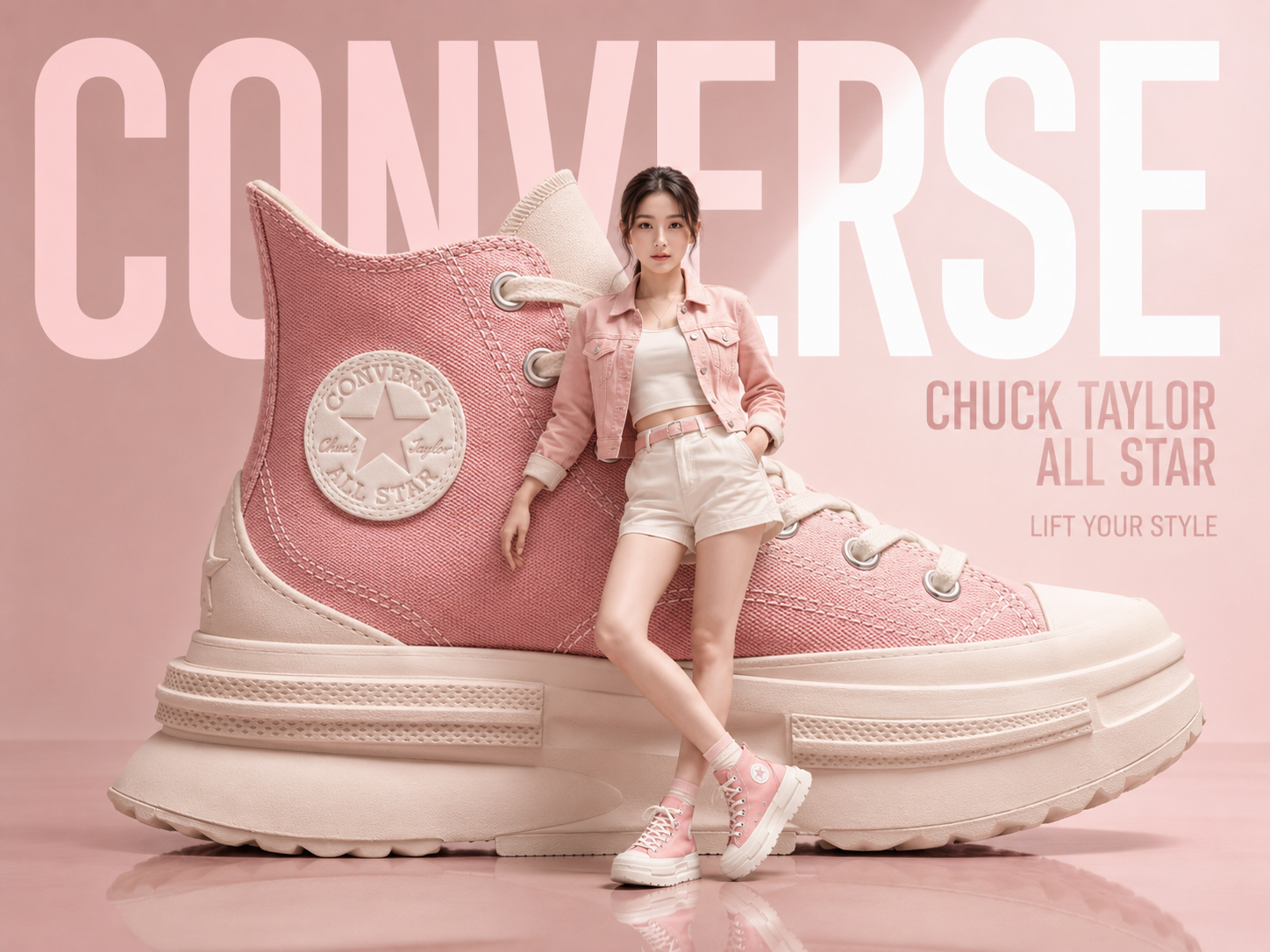 Tạo ảnh concept quảng cáo thời trang với người mẫu tạo dáng bên giày sneaker khổng lồ